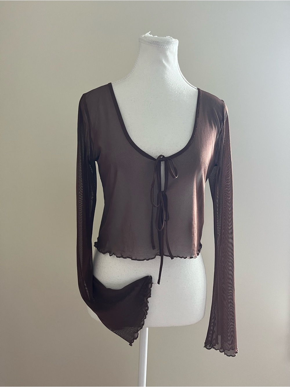 Brown Long-Sleeve Tie-Front Sheer Top